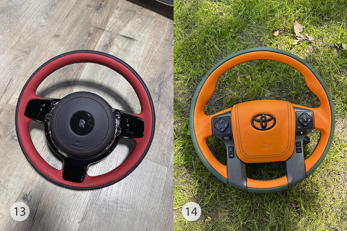 13. Руль Rolls Royce - уменьшили диаметр, сделали чуть толще, перетянули в комбинацию черной и красной кожи, пустили нитку на подушке руля. 14. Руль Toyota Tundra сделали паз по ободу руля и разделили два цвета. Такой руль выглядит на порядок современней.