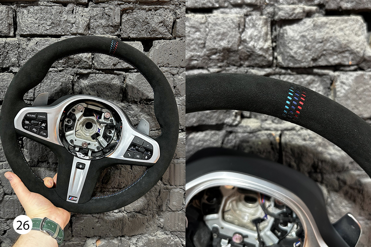 26. BMW руль, выполненный в стиле M5 CS: полностью пошит из Алькантары, заплетен строчкой триколор BMW, сделан "прицел" в стиле CS на подложке из триколора BMW.