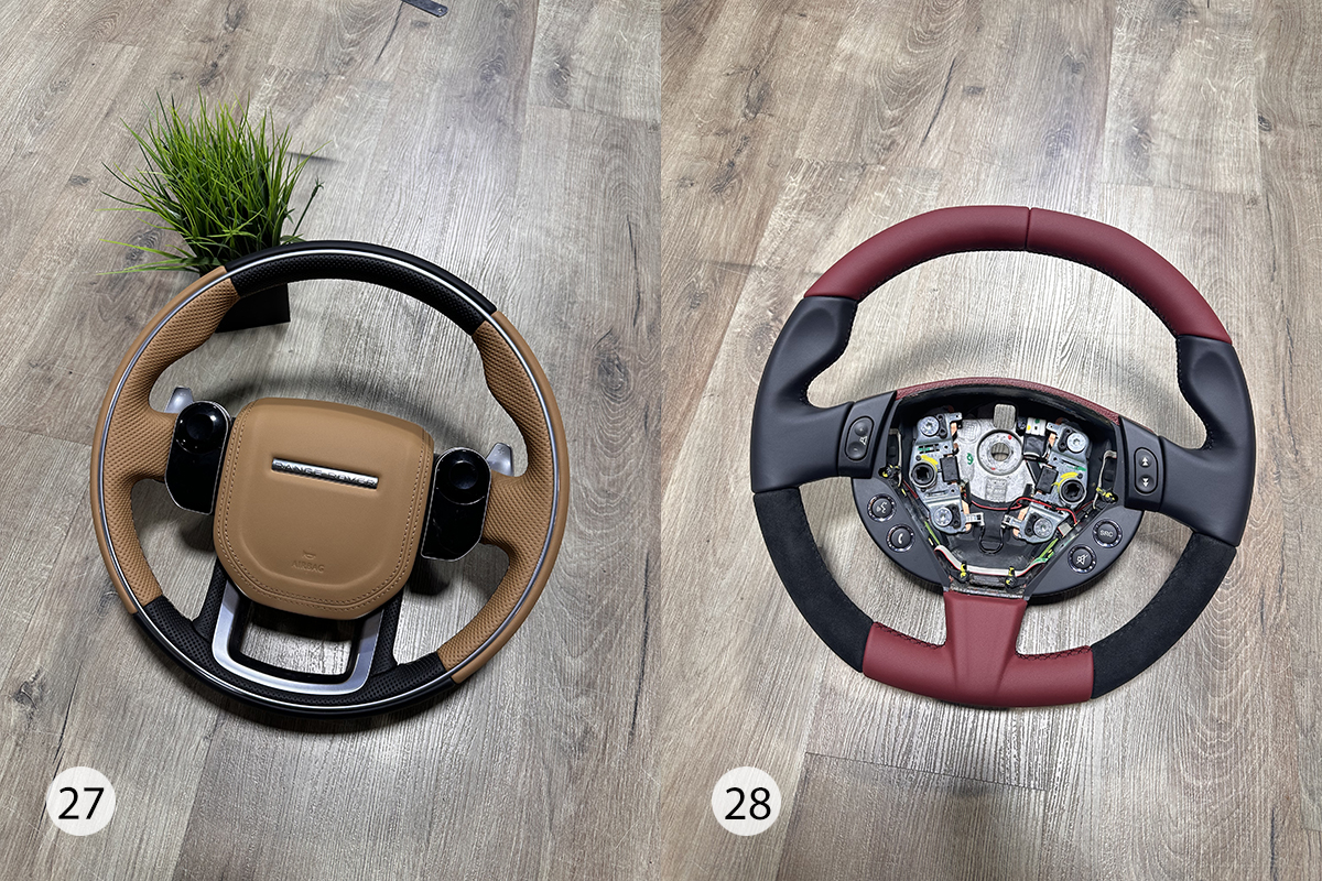 27. Руль Range Rover выполненный с изготовлением псевдоперфорации на коже. Сложности добавляет штатное кольцо на ободе. 28. Руль Maserati выполнен в комбинации двух кож и алькантары. Форма обода и кроя - сложная.